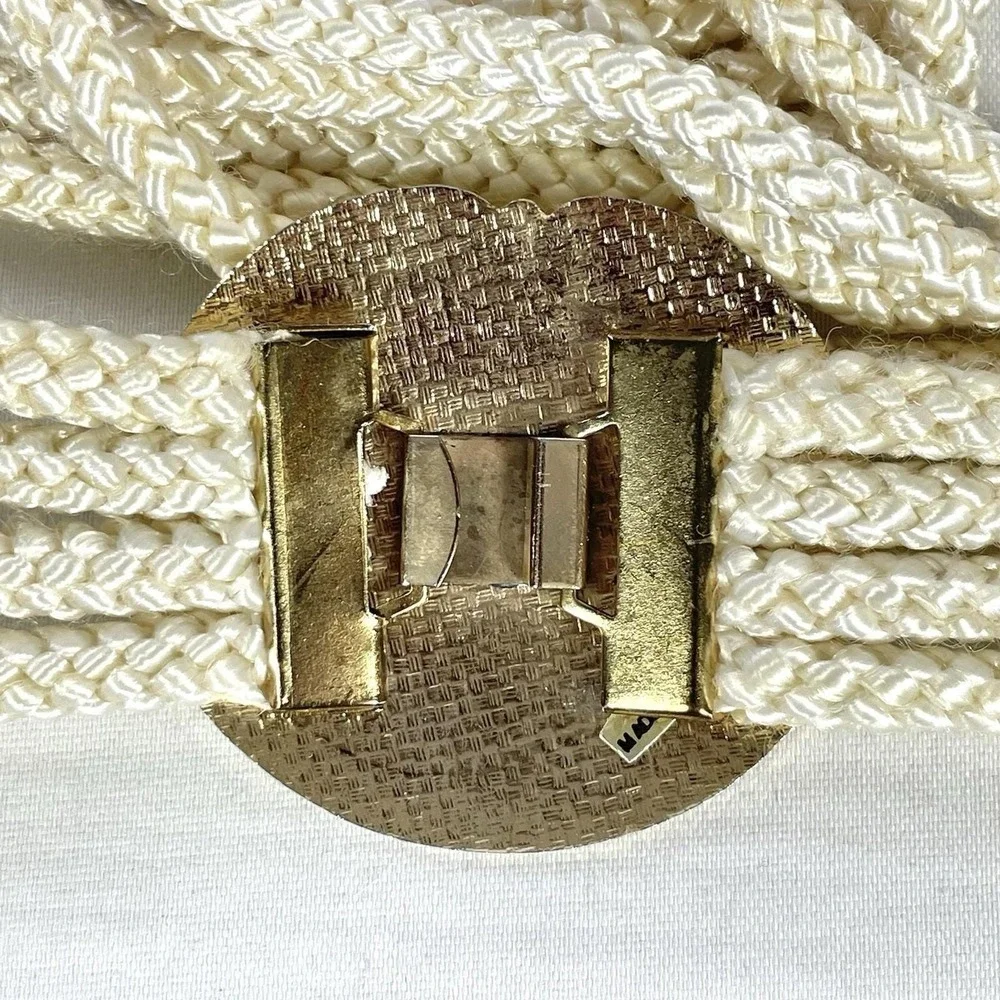 Vintage‎ 80s Cream Braided Rope Belt Orchid Floral Gold Tone Buckle 36